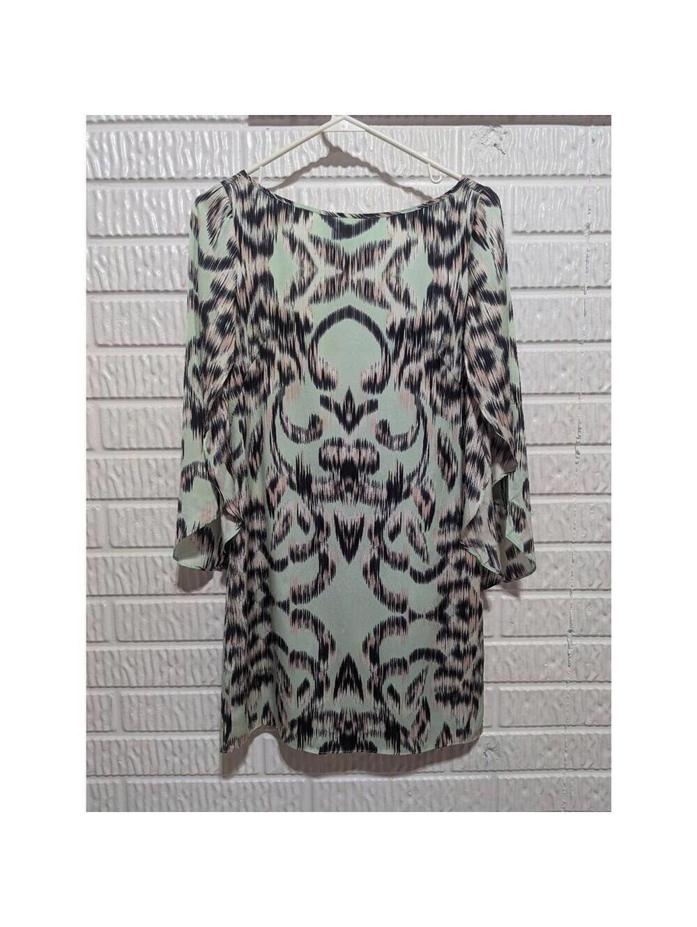 Milly Women's Aqua & Black Abstract Print Silk Long-Sleeve Boat Neck Dress Size